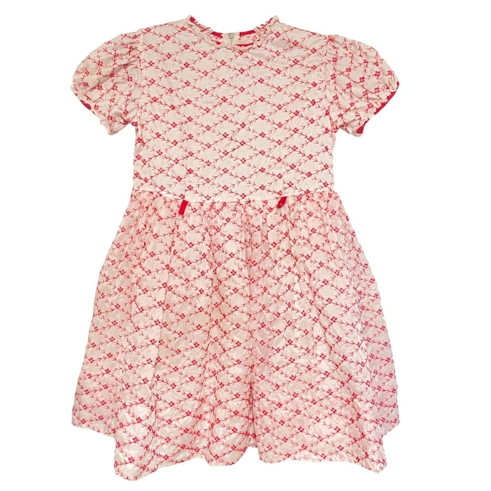 VTG Girls Party Dress Floral Embroidered Organza  7/8 White Red Mid Century